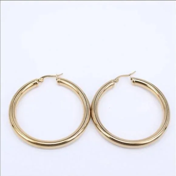 NEW 18K Yellow Gold Round 1.2” Tube Hoop Earrings - Picture 5 of 6